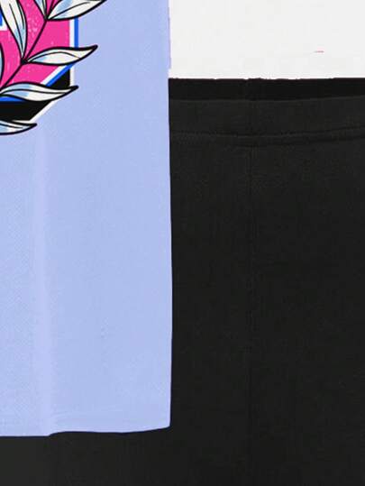SHEIN مجموعة ملابس علوية قصيرة الأكمام وشورت بسيطة وعادية مناسبة للصيف 2 قطعة
