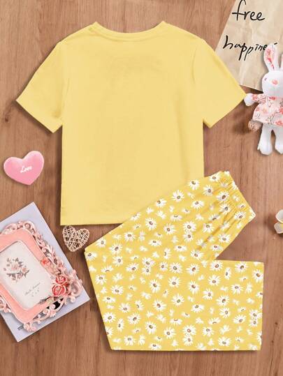 SHEIN Leap Crew مجموعة ملابس منزلية مناسبة للصيف للفتيات في سن المراهقة، تتكون من ملابس علوية بأكمام قصيرة وياقة مستديرة وبنطال بتصميم بسيط وعادي