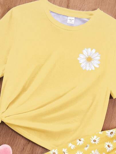 SHEIN Leap Crew مجموعة ملابس منزلية مناسبة للصيف للفتيات في سن المراهقة، تتكون من ملابس علوية بأكمام قصيرة وياقة مستديرة وبنطال بتصميم بسيط وعادي