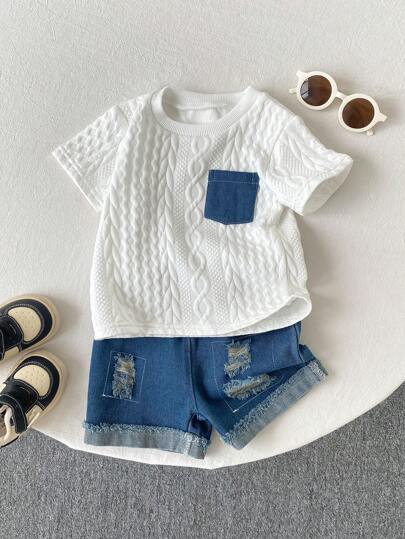 SHEIN Playful Pals مجموعتان من المصارين القطنية المريحة والكاجوال للأطفال الصغار المكونة من سروال قصير ممزق جينز ، وقميص مضفور من القطن، مناسب للربيع والصيف للأطفال من عمر 0-3 سنوات