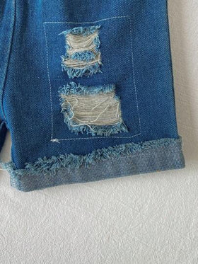 SHEIN Playful Pals مجموعتان من المصارين القطنية المريحة والكاجوال للأطفال الصغار المكونة من سروال قصير ممزق جينز ، وقميص مضفور من القطن، مناسب للربيع والصيف للأطفال من عمر 0-3 سنوات