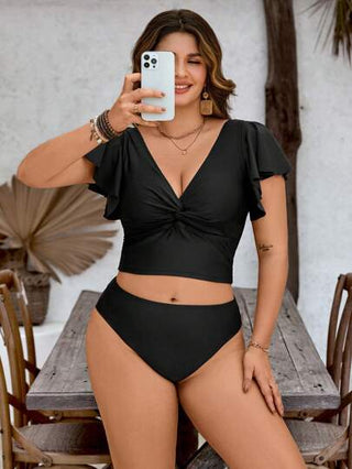 Swim Basics مجموعة ملابس سباحة تانكيني للسيدات مقاسات كبيرة، بلون أحادي مع كشكشة مجدولة وأكمام قصيرة، للاستخدام على الشاطئ في الصيف