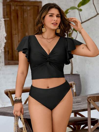 Swim Basics مجموعة ملابس سباحة تانكيني للسيدات مقاسات كبيرة، بلون أحادي مع كشكشة مجدولة وأكمام قصيرة، للاستخدام على الشاطئ في الصيف