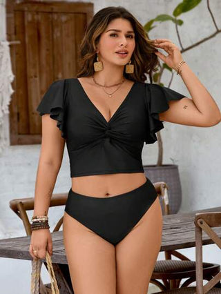 Swim Basics مجموعة ملابس سباحة تانكيني للسيدات مقاسات كبيرة، بلون أحادي مع كشكشة مجدولة وأكمام قصيرة، للاستخدام على الشاطئ في الصيف