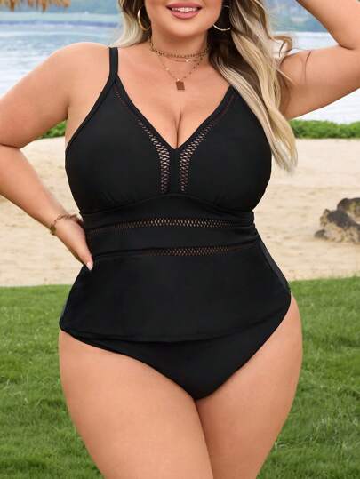SHEIN CURVE+ مجموعة بكيني للحجم الكبير للنساء بلون أسود سادة مع أشرطة قابلة للتعديل، صيفي للشاطئ بظهر مكشوف