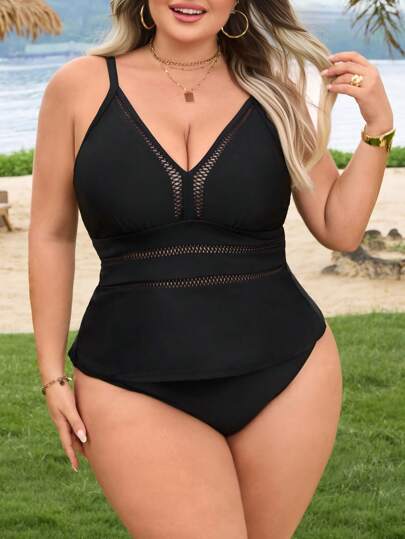 SHEIN CURVE+ مجموعة بكيني للحجم الكبير للنساء بلون أسود سادة مع أشرطة قابلة للتعديل، صيفي للشاطئ بظهر مكشوف
