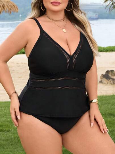 SHEIN CURVE+ مجموعة بكيني للحجم الكبير للنساء بلون أسود سادة مع أشرطة قابلة للتعديل، صيفي للشاطئ بظهر مكشوف