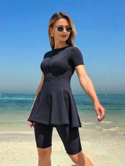 Swim Mulvari بدلة سباحة نسائية قصيرة الأكمام ذات سحاب بشورت، بلباس بحر بوركيني لفصل الصيف