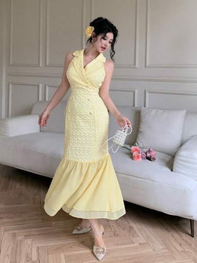 Modelyn فستان أنيق من الشيفون والجاكار بياقة بليزر مزدوجة الصدر باللون الأصفر