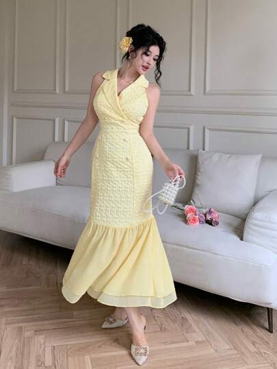 Modelyn فستان أنيق من الشيفون والجاكار بياقة بليزر مزدوجة الصدر باللون الأصفر