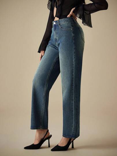 SHEIN ICON سراويل جينز نسائية مريحة بتصميم مفكك مطاطي