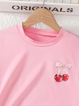 Elladie kids مجموعة تيشيرت بأكمام قصيرة مطبوع عليه شكل الكرز وسروال قصير، لفتيات المراهقات، ملابس رياضية للربيع والصيف، 2 قطعة/مجموعة