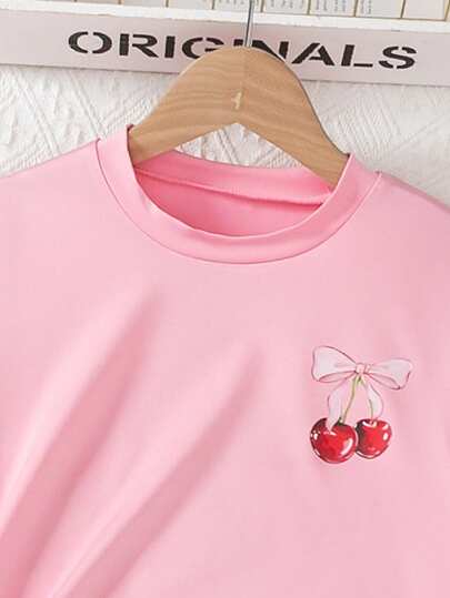 Elladie kids مجموعة تيشيرت بأكمام قصيرة مطبوع عليه شكل الكرز وسروال قصير، لفتيات المراهقات، ملابس رياضية للربيع والصيف، 2 قطعة/مجموعة
