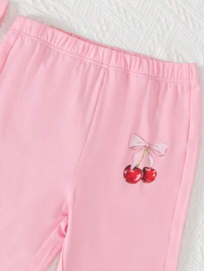 Elladie kids مجموعة تيشيرت بأكمام قصيرة مطبوع عليه شكل الكرز وسروال قصير، لفتيات المراهقات، ملابس رياضية للربيع والصيف، 2 قطعة/مجموعة