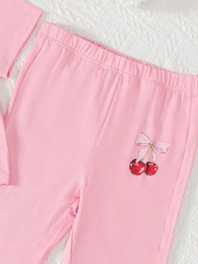 Elladie kids مجموعة تيشيرت بأكمام قصيرة مطبوع عليه شكل الكرز وسروال قصير، لفتيات المراهقات، ملابس رياضية للربيع والصيف، 2 قطعة/مجموعة