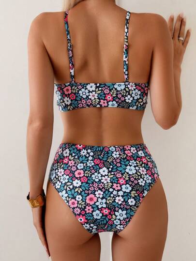 Swim Lushoire مجموعة بيكيني تانكيني ذات خصر عالٍ مزخرفة بزهور صغيرة للنساء 2 قطع، ملابس عادية للشاطئ والصيف