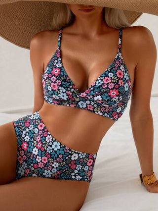 Swim Lushoire مجموعة بيكيني تانكيني ذات خصر عالٍ مزخرفة بزهور صغيرة للنساء 2 قطع، ملابس عادية للشاطئ والصيف