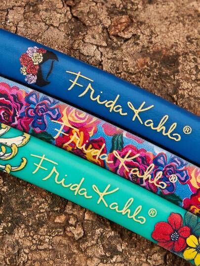 Frida Kahlo X SHEIN 3 حبات مجموعة ماكينة تشذيب الحواجب المطبوعة بطبعات زهرية، مع شفرات آمنة لا تخدش البشرة، يمكن استخدامها على الحواجب والوجه والجسم والمناطق الأخرى، مناسبة للنساء والرجال والفنانين، بأنماط أنيقة زهرية وفنية