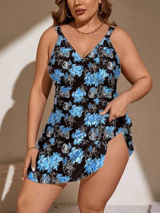 Swim Lushoire بدلة سباحة تانكيني ذات طباعة عشوائية بأزهار وياقة على شكل حرف V للمرأة مقاسات كبيرة، عصري وبسيط