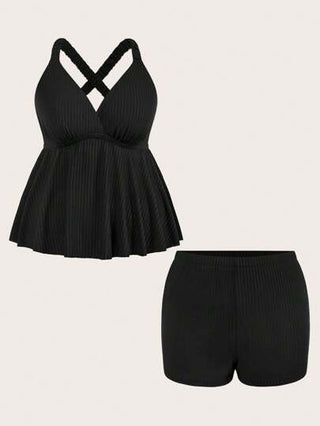 SHEIN CURVE+ زي حمام للنساء البدينات من نمط خصر بسحاب وياقة على شكل حرف V ومجسم ، مناسب للصيف/الراحة الريفية/عطلة الشاطئ، ملابس شاطئ