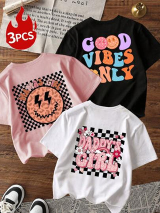 تيشيرتات بناتي مجموعة من 3 قطع من قمصان T-shirt بأكمام قصيرة وياقة طاقم مطبوعة برسومات للفتيات ، ملابس صيفية للطلاب والأطفال الصغار - القمصان الملونة تُدخل البهجة والسعادة لكل طفل!