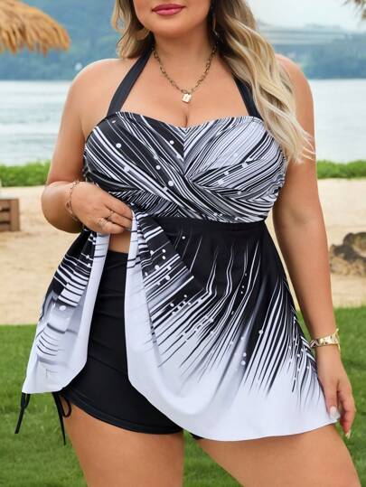 SHEIN CURVE+ بدلة سباحة كاجوال مكونة من قطعتين للنساء ذوات الأحجام الكبيرة، تشمل: توب مطبوع بدرجتين من اللون و شورت خصر عالٍ موحد اللون مع رباط خصر وأربطة متقاطعة في الظهر