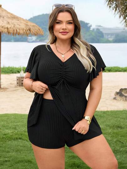 SHEIN CURVE+ مجموعة قطعتين من خامة خاصة كاجوال لتنحيف للمرأة بمقاسات كبيرة باللون الأسود