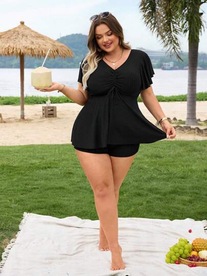 SHEIN CURVE+ مجموعة قطعتين من خامة خاصة كاجوال لتنحيف للمرأة بمقاسات كبيرة باللون الأسود
