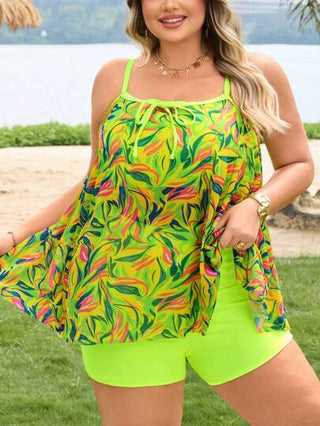 SHEIN CURVE+ بيكيني بقطعتين مكون من توب وسروال السباحة بتصميم زهور الشبكة، حجم كبير للنساء، للعطلة الصيفية