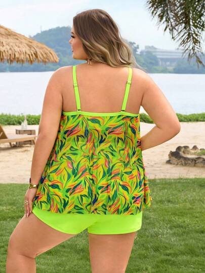SHEIN CURVE+ بيكيني بقطعتين مكون من توب وسروال السباحة بتصميم زهور الشبكة، حجم كبير للنساء، للعطلة الصيفية