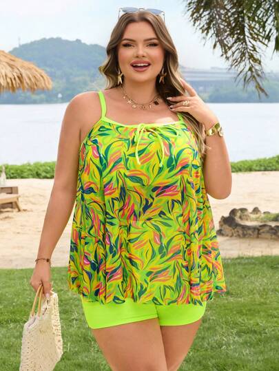 SHEIN CURVE+ بيكيني بقطعتين مكون من توب وسروال السباحة بتصميم زهور الشبكة، حجم كبير للنساء، للعطلة الصيفية