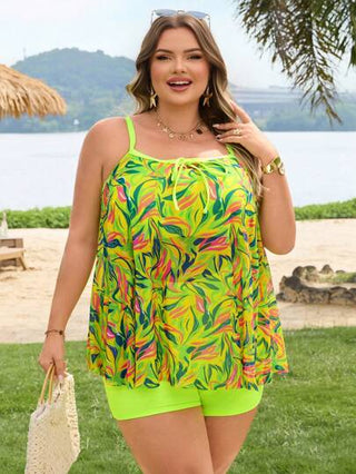 SHEIN CURVE+ بيكيني بقطعتين مكون من توب وسروال السباحة بتصميم زهور الشبكة، حجم كبير للنساء، للعطلة الصيفية