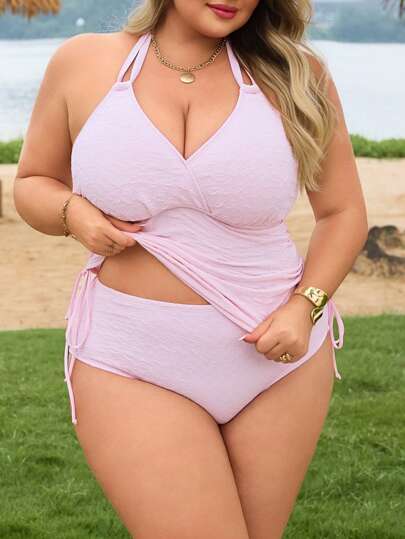SHEIN CURVE+ مجموعة تانكيني نسائية للشاطئ الصيفي ذات رقبة حلقة وأمامية منسدلة في المقاسات الكبيرة