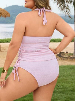 SHEIN CURVE+ مجموعة تانكيني نسائية للشاطئ الصيفي ذات رقبة حلقة وأمامية منسدلة في المقاسات الكبيرة