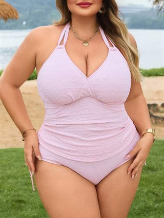 SHEIN CURVE+ مجموعة تانكيني نسائية للشاطئ الصيفي ذات رقبة حلقة وأمامية منسدلة في المقاسات الكبيرة