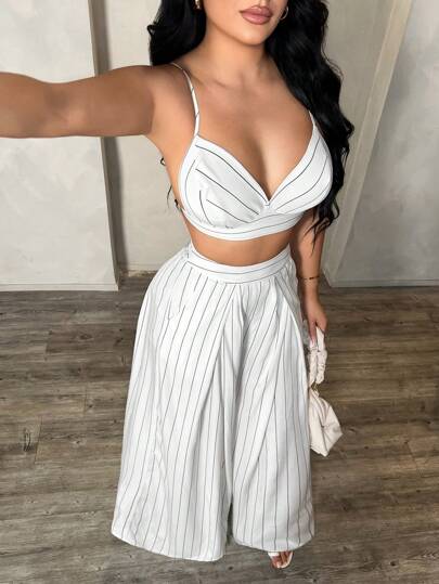 SHEIN SXY مجموعة ملابس علوية أشرطة وبنطلون طويل بدون ظهر للنساء، مجموعة قطعتين مخطط صيفية، مجموعة بنطلون بالاتزو مخطط واسع الساق، مجموعة قطعتين صيفية للنساء، مجموعة قطعتين للعطلات