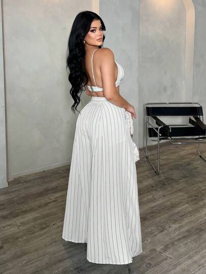 SHEIN SXY مجموعة ملابس علوية أشرطة وبنطلون طويل بدون ظهر للنساء، مجموعة قطعتين مخطط صيفية، مجموعة بنطلون بالاتزو مخطط واسع الساق، مجموعة قطعتين صيفية للنساء، مجموعة قطعتين للعطلات