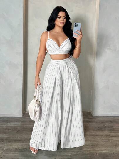 SHEIN SXY مجموعة ملابس علوية أشرطة وبنطلون طويل بدون ظهر للنساء، مجموعة قطعتين مخطط صيفية، مجموعة بنطلون بالاتزو مخطط واسع الساق، مجموعة قطعتين صيفية للنساء، مجموعة قطعتين للعطلات