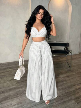 SHEIN SXY مجموعة ملابس علوية أشرطة وبنطلون طويل بدون ظهر للنساء، مجموعة قطعتين مخطط صيفية، مجموعة بنطلون بالاتزو مخطط واسع الساق، مجموعة قطعتين صيفية للنساء، مجموعة قطعتين للعطلات