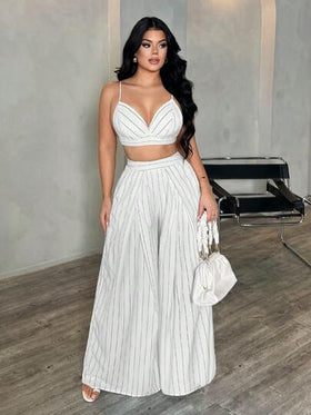 SHEIN SXY مجموعة ملابس علوية أشرطة وبنطلون طويل بدون ظهر للنساء، مجموعة قطعتين مخطط صيفية، مجموعة بنطلون بالاتزو مخطط واسع الساق، مجموعة قطعتين صيفية للنساء، مجموعة قطعتين للعطلات