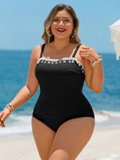 Swim Lushoire بدلة سباحة بأسلوب الخزان للنساء كبيرات الحجم، قماش بنسيج كاجوال رياضي ، لون أسود سادة