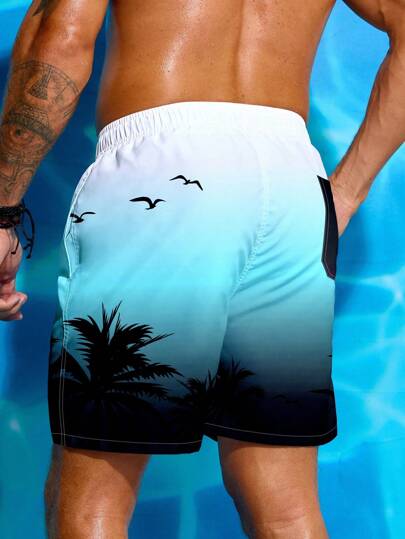 Manfinity Swimmode شورتات شاطئية للرجال ذات نمط نباتي باللون الزاهي، خصر بسحاب، مناسبة للصيف، طراز هاواي