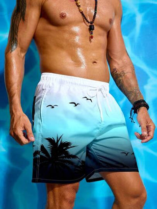 Manfinity Swimmode شورتات شاطئية للرجال ذات نمط نباتي باللون الزاهي، خصر بسحاب، مناسبة للصيف، طراز هاواي