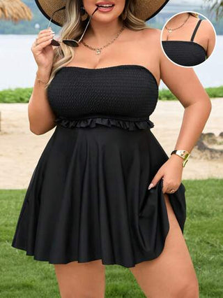 SHEIN CURVE+ مجموعة بكشمير بأكمام بدون أكمام مع تنورة السباحة لحجم إضافي للنساء في فصل الصيف، بلون أحادي والياقة على شكل V