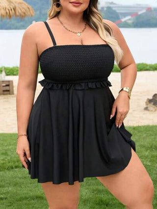 SHEIN CURVE+ مجموعة بكشمير بأكمام بدون أكمام مع تنورة السباحة لحجم إضافي للنساء في فصل الصيف، بلون أحادي والياقة على شكل V