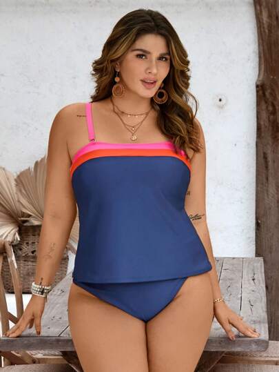 Swim Lushoire مجموعة بقياس إضافي للنساء من 2 قطعة، ملابس علوية بدون أكمام ذات حواف ملونة وشريط سميك وسروال السباحة المثلثي السفلي