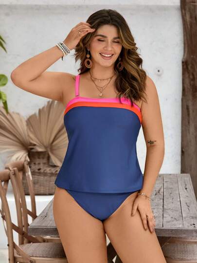 Swim Lushoire مجموعة بقياس إضافي للنساء من 2 قطعة، ملابس علوية بدون أكمام ذات حواف ملونة وشريط سميك وسروال السباحة المثلثي السفلي