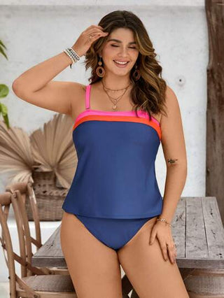 Swim Lushoire مجموعة بقياس إضافي للنساء من 2 قطعة، ملابس علوية بدون أكمام ذات حواف ملونة وشريط سميك وسروال السباحة المثلثي السفلي