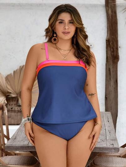 Swim Lushoire مجموعة بقياس إضافي للنساء من 2 قطعة، ملابس علوية بدون أكمام ذات حواف ملونة وشريط سميك وسروال السباحة المثلثي السفلي