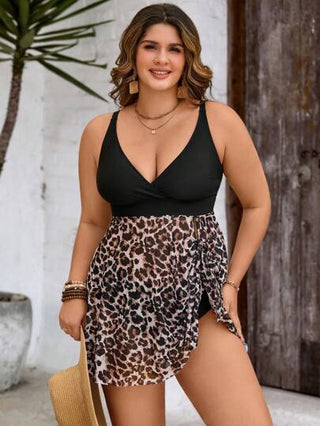 Swim Lushoire ملابس علوية شاطئ تانكيني مع طبعة نمر وربطة جانبية ، وسراويل شاطئ ثلاثية اللون ، 2 قطعة مجموعة ملابس سباحة لفئة الحجم الكبير للنساء
